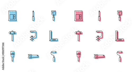 Set line Paint brush, Hand saw, Cement bag, roller, Clamp screw tool, Corner ruler, Sledgehammer and Screwdriver icon. Vector