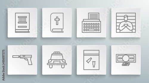 Set line Pistol or gun with silencer, Holy bible book, Police car and flasher, Evidence bag bullet, Stacks paper money cash, Retro typewriter, Suspect criminal and Law icon. Vector