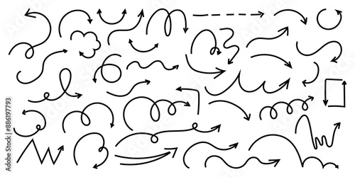 Spiral arrow doodle, wavy twist minimal squiggly line set. Curve comic turn way direction. Playful quirky simple free hand elements. 