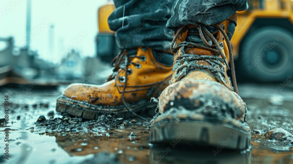 Close-up of a worker's worn-out safety boots, focusing on the ripped soles and frayed laces, highlighting the rugged conditions of warehouse labor Close-up of a worker's worn-out safety boots, focusing on the ripped soles and frayed laces, highlighting the rugged conditions of warehouse labor