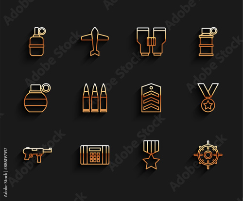 Set line Submachine gun M3, Dynamite bomb, Hand grenade, Military reward medal, Target sport, Bullet, and Chevron icon. Vector