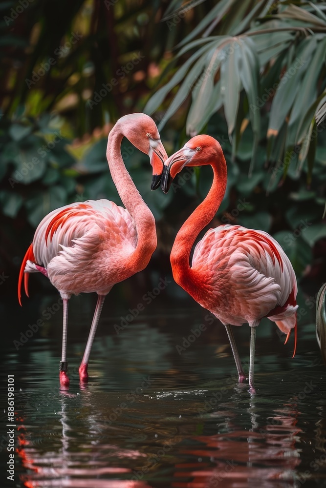 Two Pink Flamingos in Tropical Setting with Reflections on Water Two Pink Flamingos in Tropical Setting with Reflections on Water