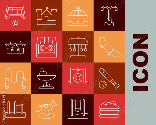 Set line Pool with balls, Baseball bat, Skateboard trick, Attraction carousel, Shooting gallery, Seesaw, Soccer goal and icon. Vector