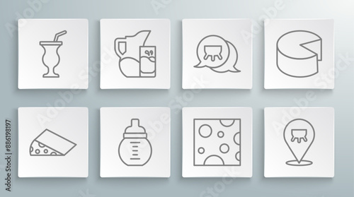 Set line Cheese, Milk jug or pitcher and glass, Baby milk in bottle, Udder, and Milkshake icon. Vector
