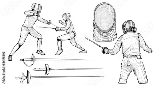 vector drawing of fencing sport set.