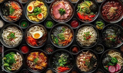 Colorful Japanese Ramen Dishes with Fresh Ingredients and Toppings © Vlad