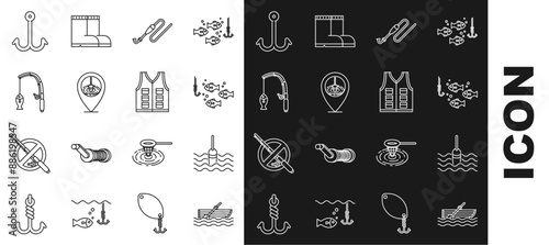 Set line Fishing boat with oars on water, float, hook under fish, line and, Location fishing, rod, and jacket icon. Vector