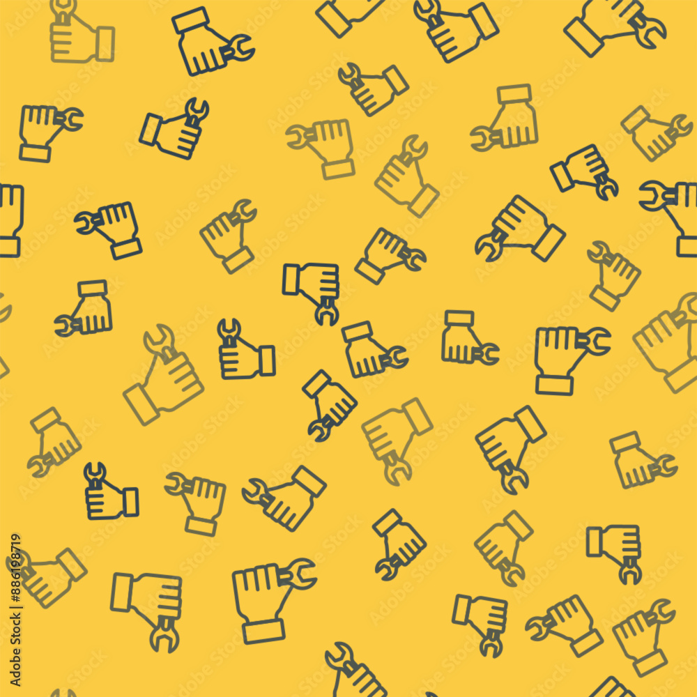 Blue line Wrench spanner icon isolated seamless pattern on yellow background. Vector Blue line Wrench spanner icon isolated seamless pattern on yellow background. Vector
