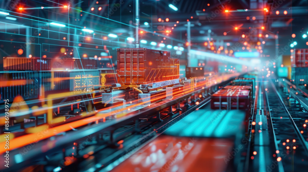 Futuristic smart factory with automated shipping containers and glowing data overlays in a high-tech industrial setting Futuristic smart factory with automated shipping containers and glowing data overlays in a high-tech industrial setting