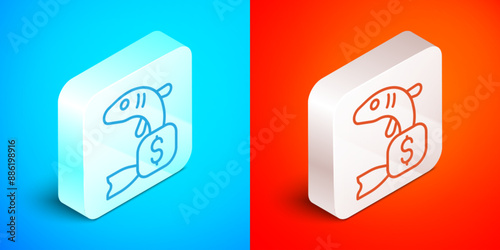 Isometric line Price tag for fish icon isolated on blue and red background. Silver square button. Vector