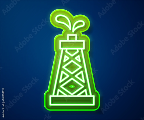 Glowing neon line Oil rig icon isolated on blue background. Gas tower. Industrial object. Vector