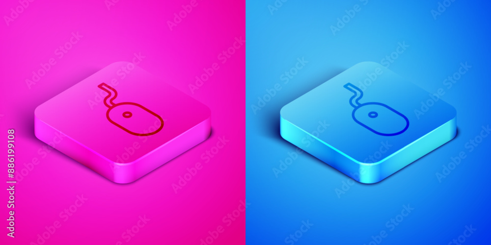 Isometric line Computer mouse icon isolated on pink and blue background. Optical with wheel symbol. Square button. Vector Isometric line Computer mouse icon isolated on pink and blue background. Optical with wheel symbol. Square button. Vector