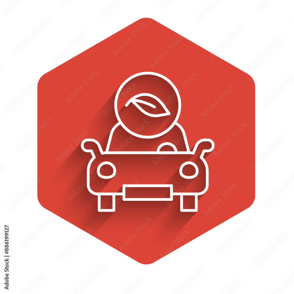 White line Eco car concept drive with leaf icon isolated with long shadow background. Green energy car symbol. Red hexagon button. Vector White line Eco car concept drive with leaf icon isolated with long shadow background. Green energy car symbol. Red hexagon button. Vector