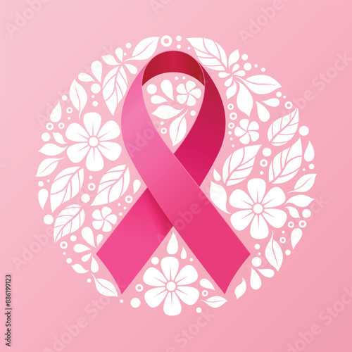 Pink ribbon for Breast cancer awareness month in circle frame with white flower and leaves texture around on soft pink background vector design