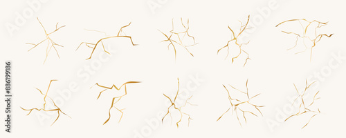 Kintsugi gold simple break lines, asian geaometric crackle. Surface with crack print, effect. Moderm cover golden broken texture.