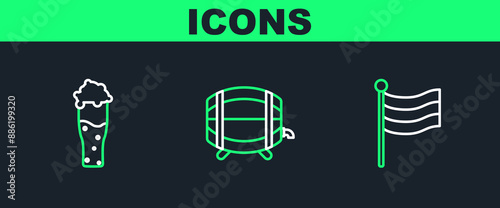 Set line National Germany flag, Glass of beer and Wooden barrel rack with stopcock icon. Vector