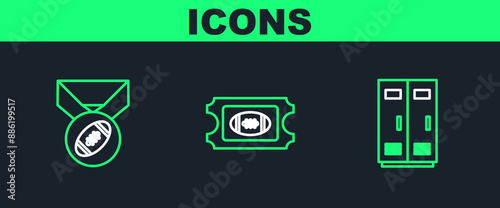 Set line Locker or changing room for football, basketball team or workers, American Football with medal and ticket icon. Vector