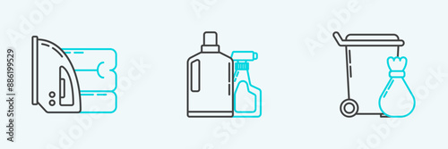 Set line Trash can, Electric iron and towel and Plastic bottles for liquid dishwashing liquid icon. Vector