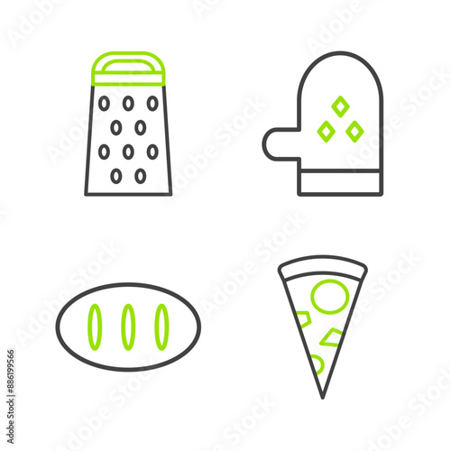 Set line Slice of pizza, Bread loaf, Oven glove and Grater icon. Vector