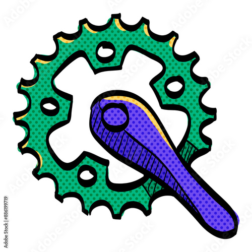 Bicycle crank set halftone icon hand drawn color vector illustration