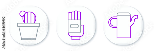 Set line Watering can, Cactus and succulent pot and Garden gloves icon. Vector