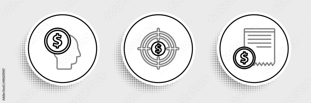 Set line Paper check and financial check, Business man planning mind and Target with dollar icon. Vector Set line Paper check and financial check, Business man planning mind and Target with dollar icon. Vector