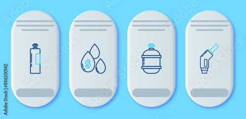 Set line Oil drop with dollar symbol, Propane gas tank, Industrial cylinder and Gasoline pump nozzle icon. Vector