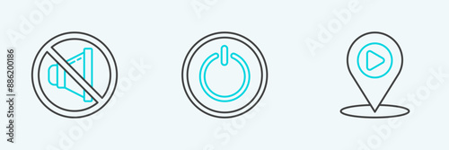 Set line Digital media play with location, Speaker mute and Power button icon. Vector