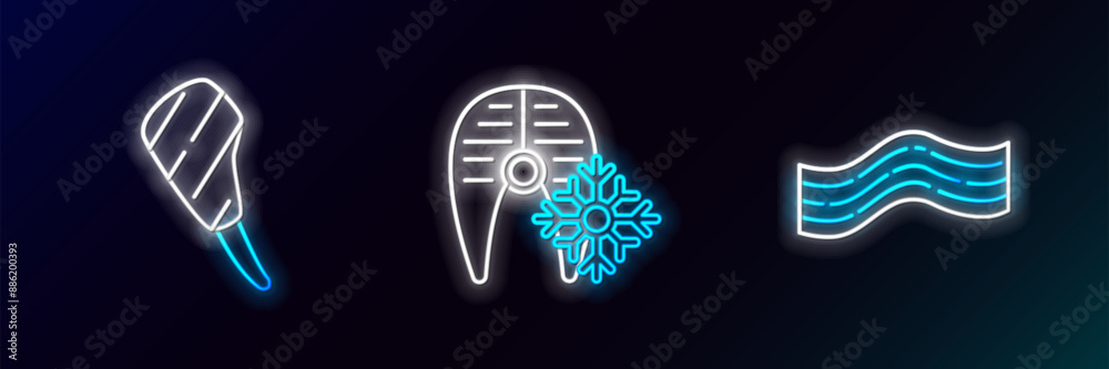 Set line Bacon stripe, Rib eye steak and Fresh frozen fish icon. Glowing neon. Vector Set line Bacon stripe, Rib eye steak and Fresh frozen fish icon. Glowing neon. Vector
