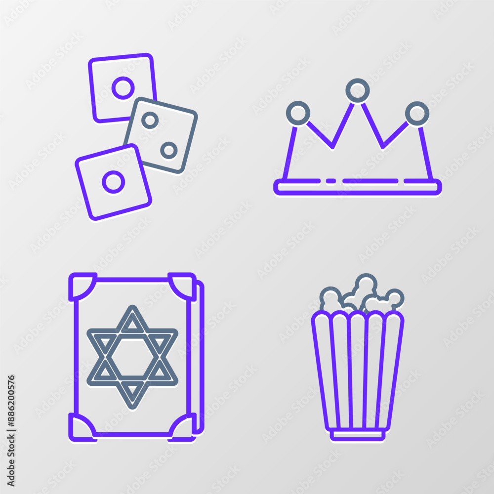 Set line Popcorn in box, Ancient magic book, Crown and Game dice icon. Vector Set line Popcorn in box, Ancient magic book, Crown and Game dice icon. Vector