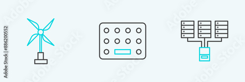 Set line Server, Data, Web Hosting, Wind turbine and Pills blister pack icon. Vector