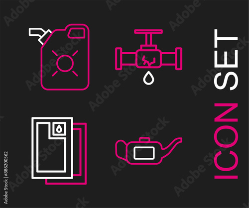 Set line Canister for motor oil, Barrel, Broken pipe with leaking water and icon. Vector