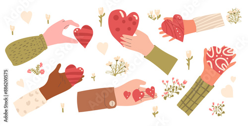 Set of hands with hearts shape. Palms with charity and kindness symbols kit. Vector hand drawn collection illustration isolated on white background.