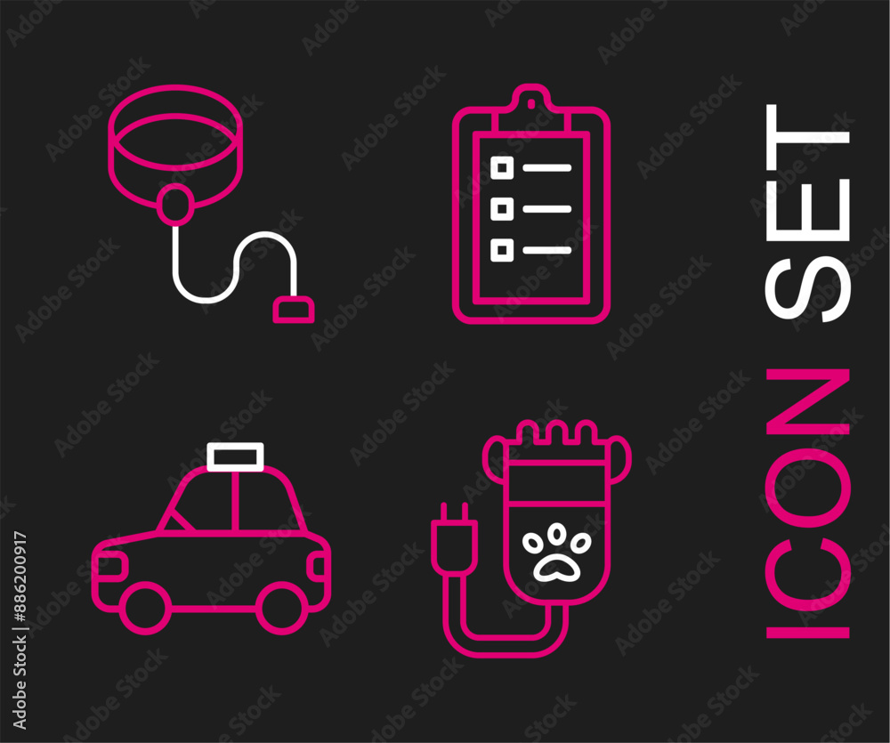 Set line Hair clipper pet, Pet car taxi, Grooming salon price list and Retractable cord leash icon. Vector Set line Hair clipper pet, Pet car taxi, Grooming salon price list and Retractable cord leash icon. Vector