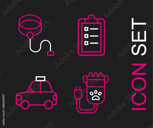 Set line Hair clipper pet, Pet car taxi, Grooming salon price list and Retractable cord leash icon. Vector