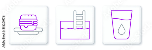 Set line Glass with water, Junk food and Swimming pool ladder icon. Vector