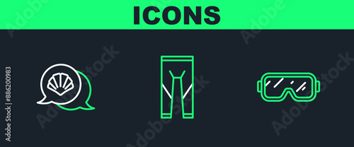 Set line Diving mask, Scallop sea shell and Wetsuit icon. Vector