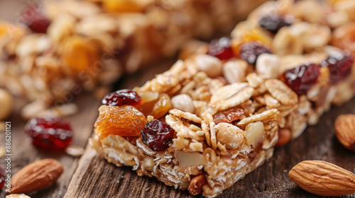 Close-up of homemade granola bars with dried fruits and nuts on a rustic wooden surface