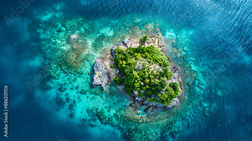 Aerial View of Pristine Tropical Island with Coral Reef, Idyllic Paradise Shot from Drone 