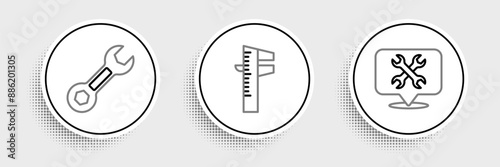 Set line Location with wrench, Wrench spanner and Calliper or caliper and scale icon. Vector