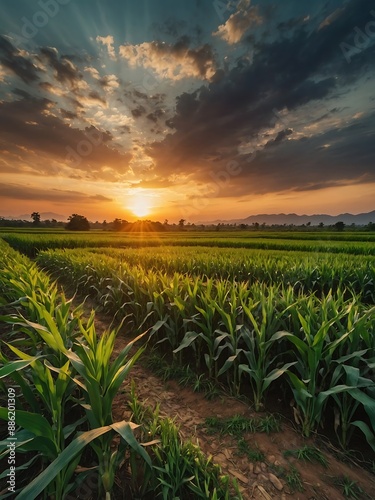 Sunset over lush Asian cornfields, picturesque agricultural scenery