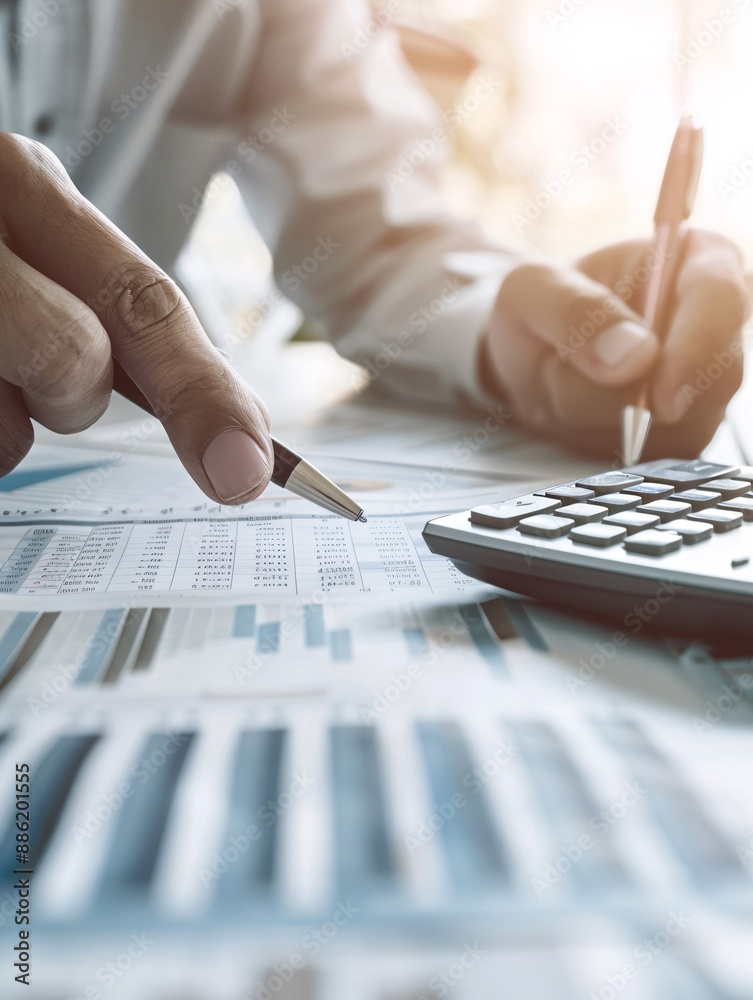 Detailed shot of a financial advisor using a calculator and pointing at a tax return form while explaining to a client, with space for text. Detailed shot of a financial advisor using a calculator and pointing at a tax return form while explaining to a client, with space for text.