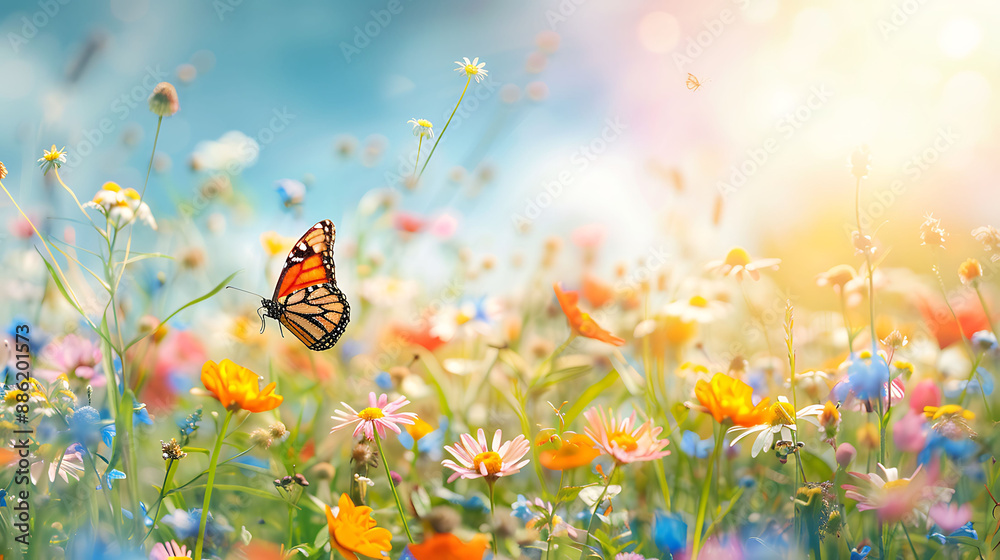 Majestic Blooming Wildflower Meadow with Butterfly in Flight - High-Resolution Nature Photography 