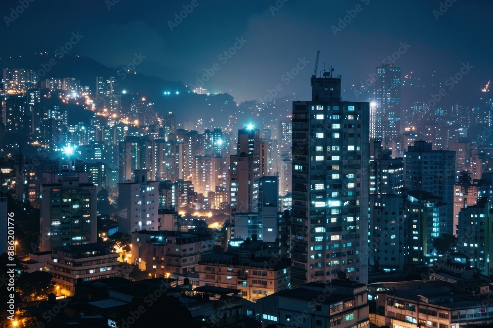 Fototapeta premium Cityscape at night showing numerous illuminated windows of tall buildings against a dark sky