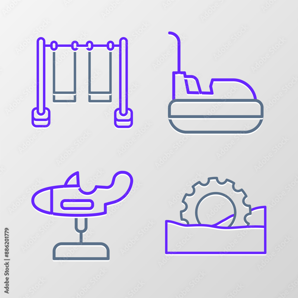 Set line Ferris wheel, Swing plane, Bumper car and Double swing icon. Vector Set line Ferris wheel, Swing plane, Bumper car and Double swing icon. Vector