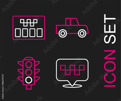 Set line Location with taxi, Traffic light, Car and Taximeter icon. Vector