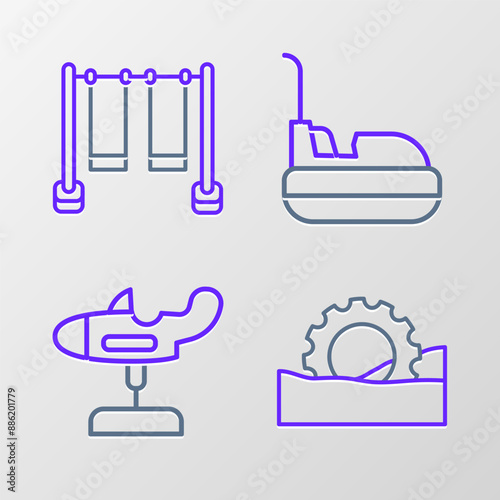 Set line Ferris wheel, Swing plane, Bumper car and Double swing icon. Vector
