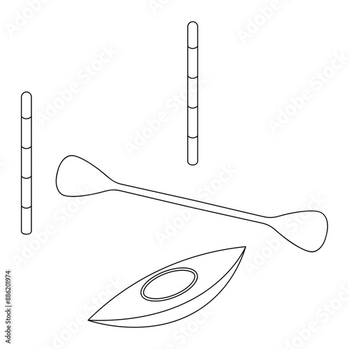 Kayak, paddle and gate for the slalom discipline. Sketch. SEquipment for water sports. Canoeing.