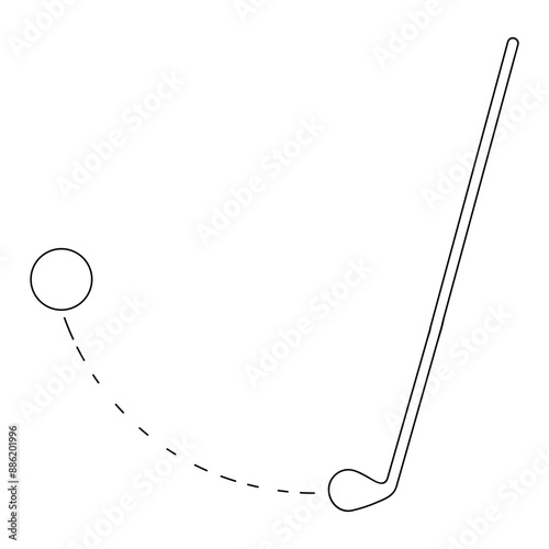 Hit the ball with a golf club. The flight path is visible. Sketch. Equipment for a team sports game.