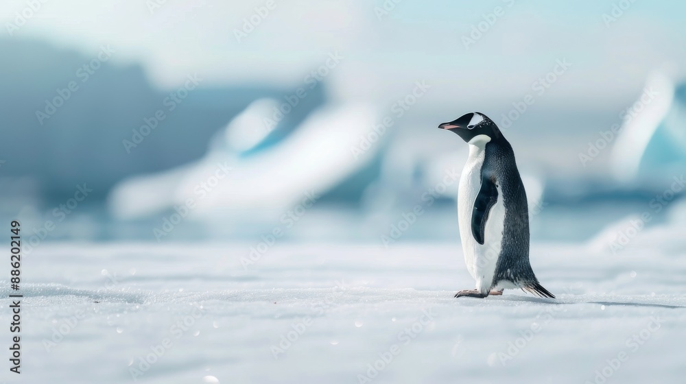 Obraz premium Majestic Penguin on Ice with Aurora Borealis - Capturing the Beauty of Polar Wildlife